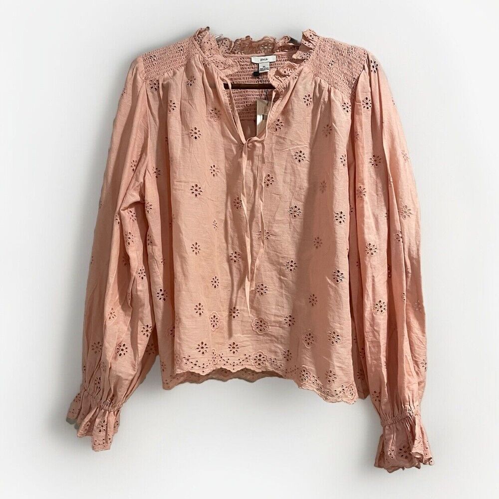 Anthropologie OTHILIA Peach Boho Blouse NWT Tie Neck Size L Retails $240